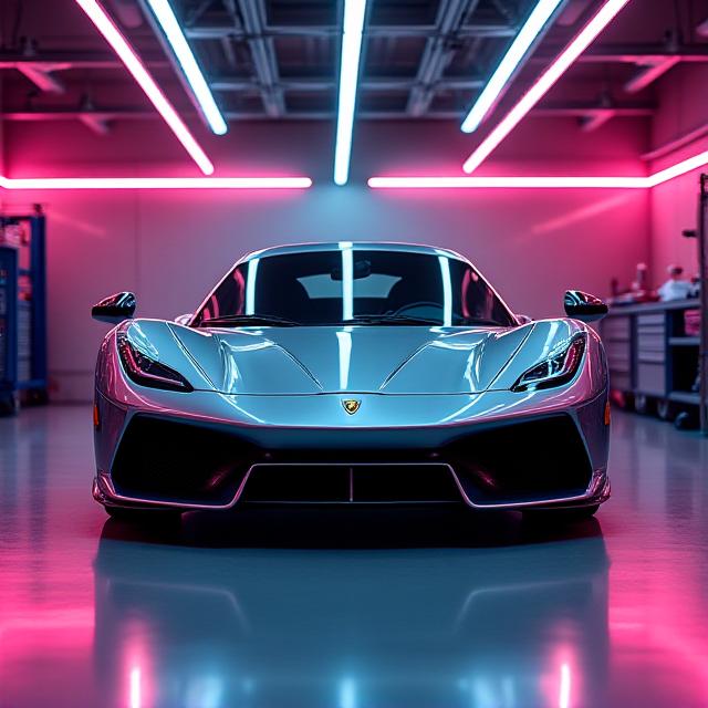 Auto sportiva in officina moderna high-tech