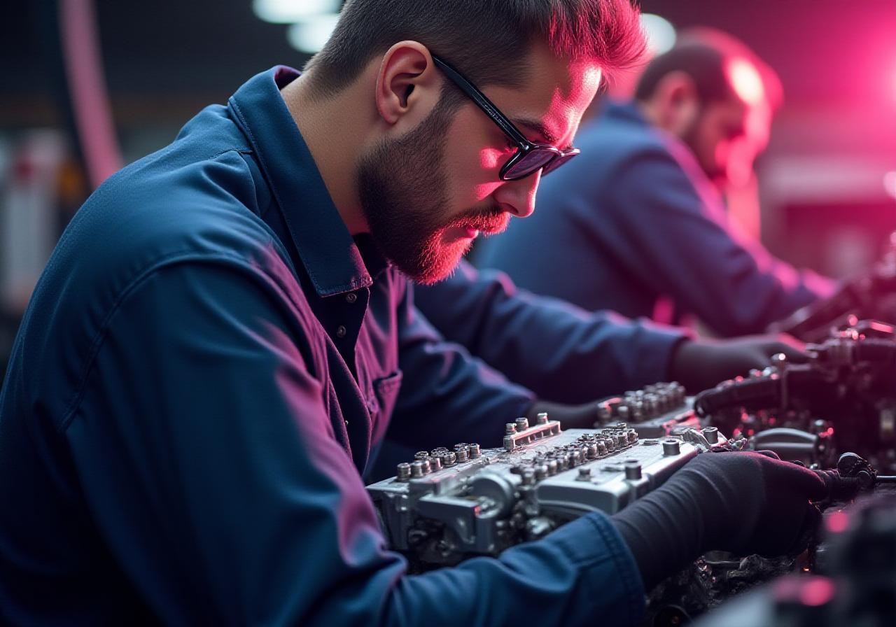 Meccanico di precisione che lavora su un motore ad alte prestazioni